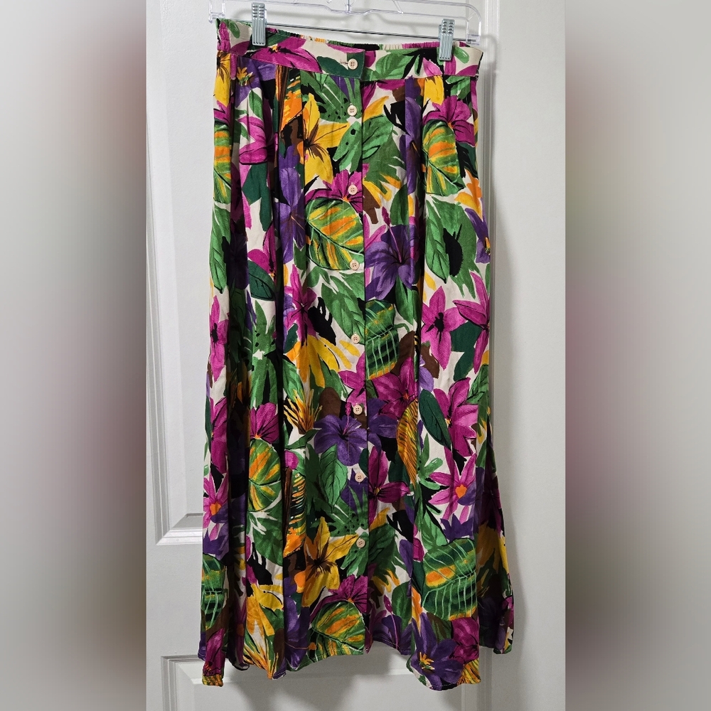 Vintage Pendleton Floral Bohemian Tropical Multicolor Maxi Button Skirt Size 8